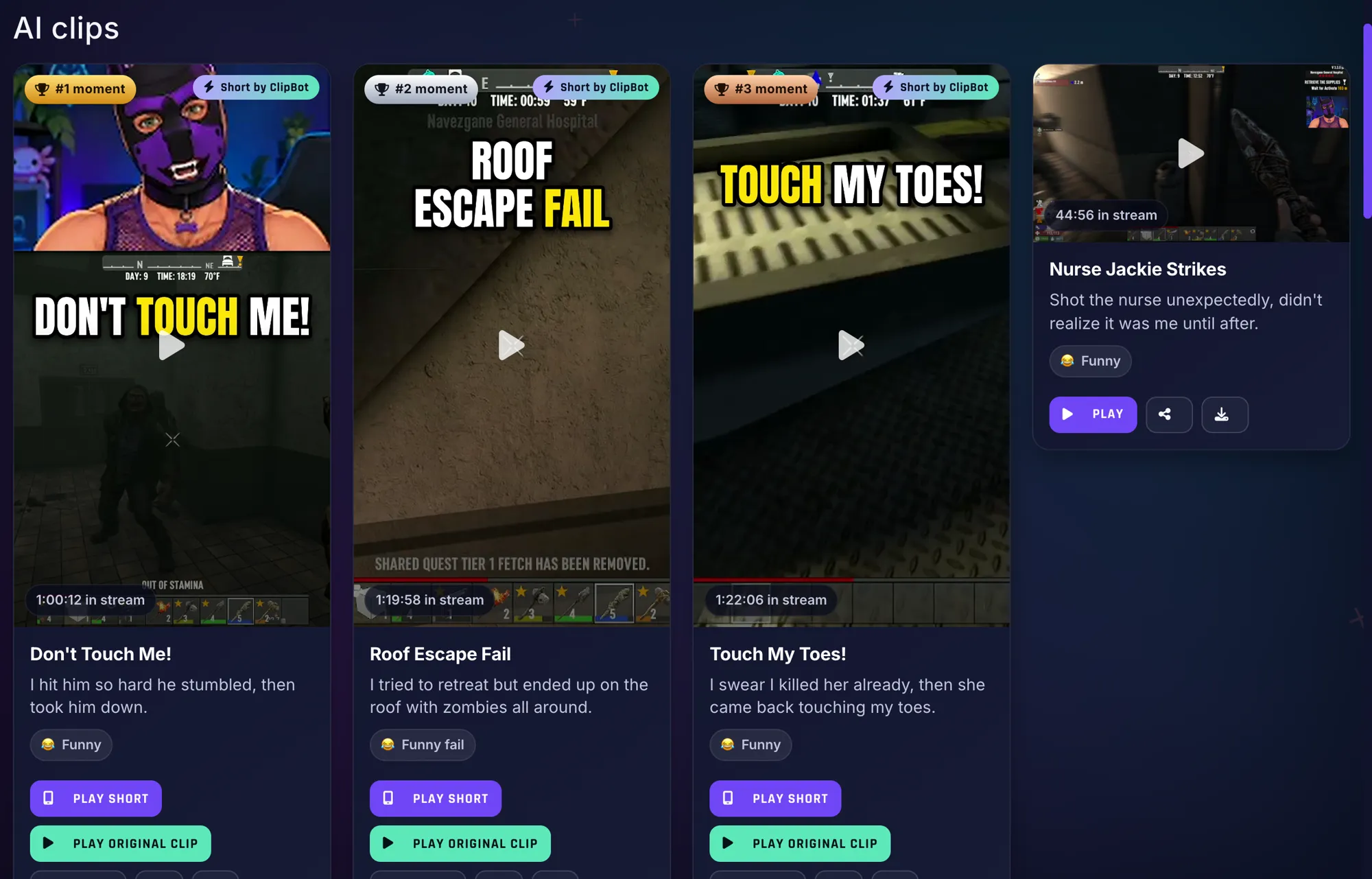 A public ClipBot broadcast page for a 7 Days to Die stream: the top three AI clips each carry a Short by ClipBot badge and show the vertical Short with a big hook title, with Play Short and Play original clip buttons