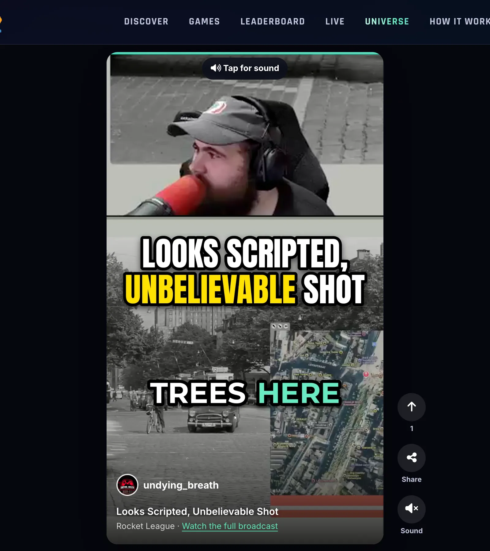 The ClipBot For You feed on desktop: the same vertical Short centred on the page with upvote, share and sound buttons beside it