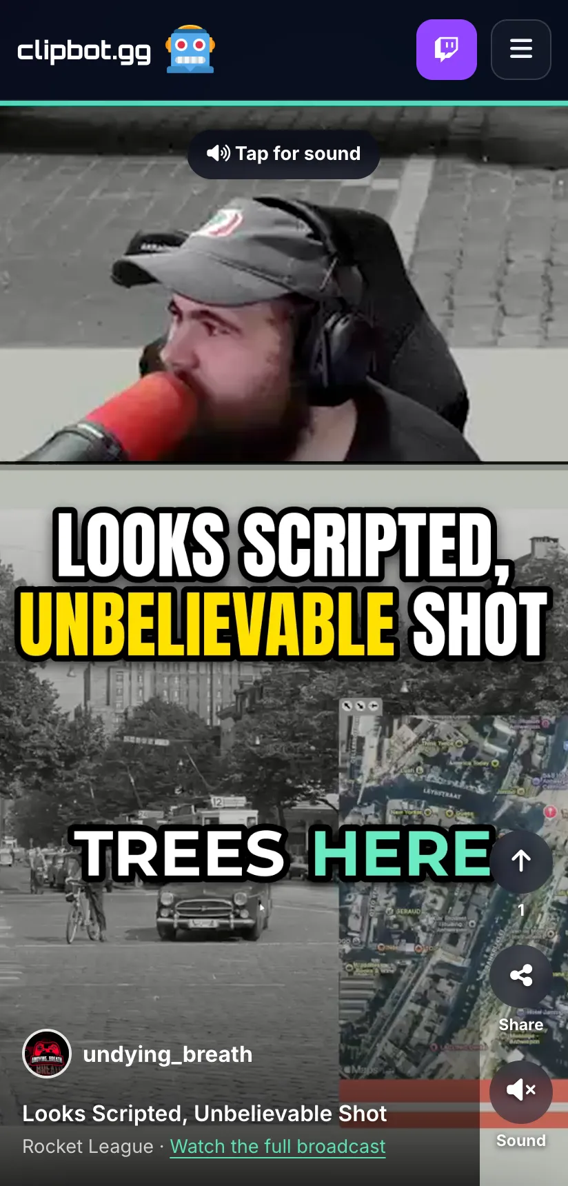 The ClipBot For You feed on a phone: a full-screen vertical Rocket League Short with the streamer’s webcam on top, the hook Looks scripted, unbelievable shot, a caption, and upvote, share and sound buttons