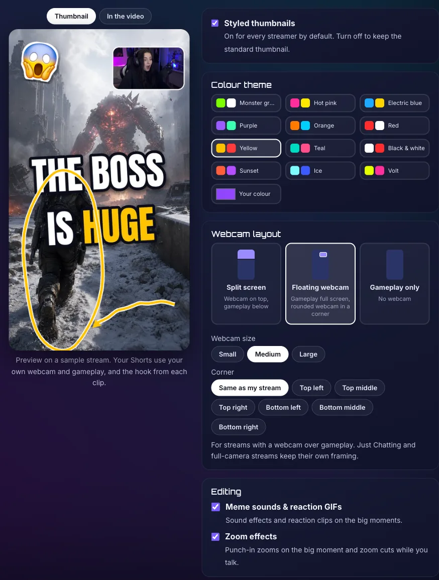 The ClipBot Shorts branding page: a live preview of a branded thumbnail with a floating webcam in the top right corner on a sample stream on the left; on the right a styled thumbnails switch, twelve colour theme swatches plus a your-colour picker, the webcam layout choice (split screen, floating webcam, gameplay only) with webcam size and corner buttons, and editing switches for meme sounds and reaction GIFs and for zoom effects