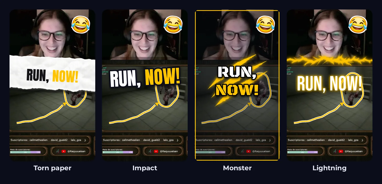 raquuuel’s Escape the Backrooms Short Run, Now! in the four default styles in yellow: torn paper, impact, monster and lightning, each with her laughing on the webcam, a laughing emoji and a yellow hand-drawn circle on the creature