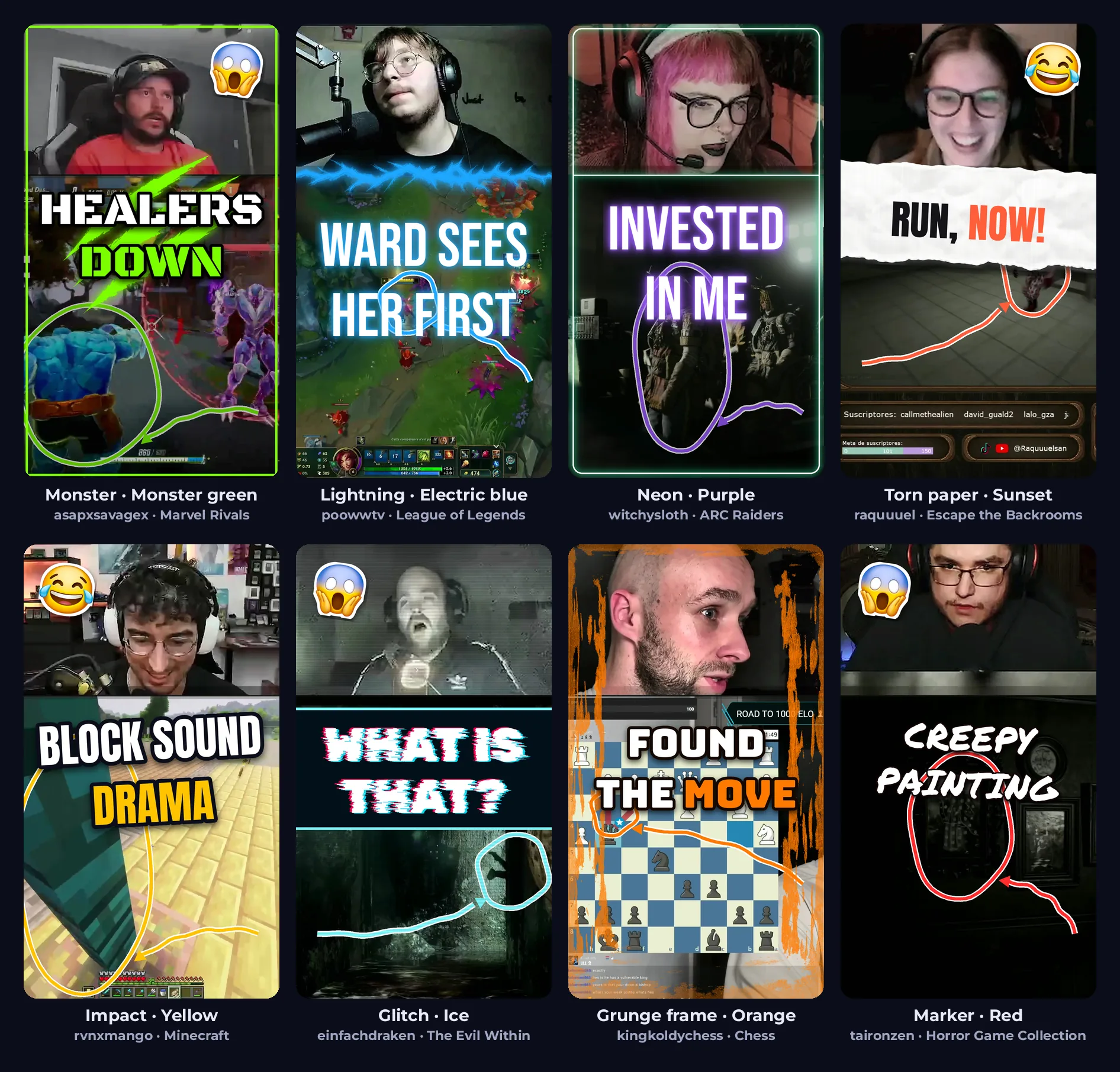 Eight branded Short thumbnails from real ClipBot streamers: asapxsavagex in Marvel Rivals in the Monster style in green, poowwtv in League of Legends in Lightning in blue, witchysloth in ARC Raiders in Neon in purple, raquuuel in Escape the Backrooms in Torn paper in sunset, rvnxmango in Minecraft in Impact in yellow, einfachdraken in The Evil Within in Glitch in ice, kingkoldychess in a chess game in a Grunge frame in orange, and taironzen in a horror game in Marker in red. Each has the streamer’s webcam on top, the gameplay below, and a reaction emoji or hand-drawn marker when one fits