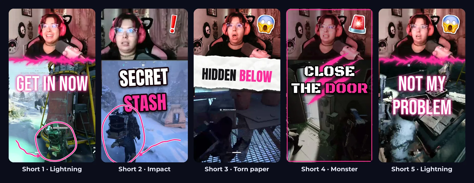 The live thumbnails of five Shorts from one omgmystic_ ARC Raiders broadcast, all in hot pink: Get In Now in the lightning style, Secret Stash in impact, Hidden Below in torn paper, Close The Door in monster and Not My Problem in lightning. Each has her reaction on the webcam on top; two have a pink hand-drawn circle on her character, and four have a reaction emoji