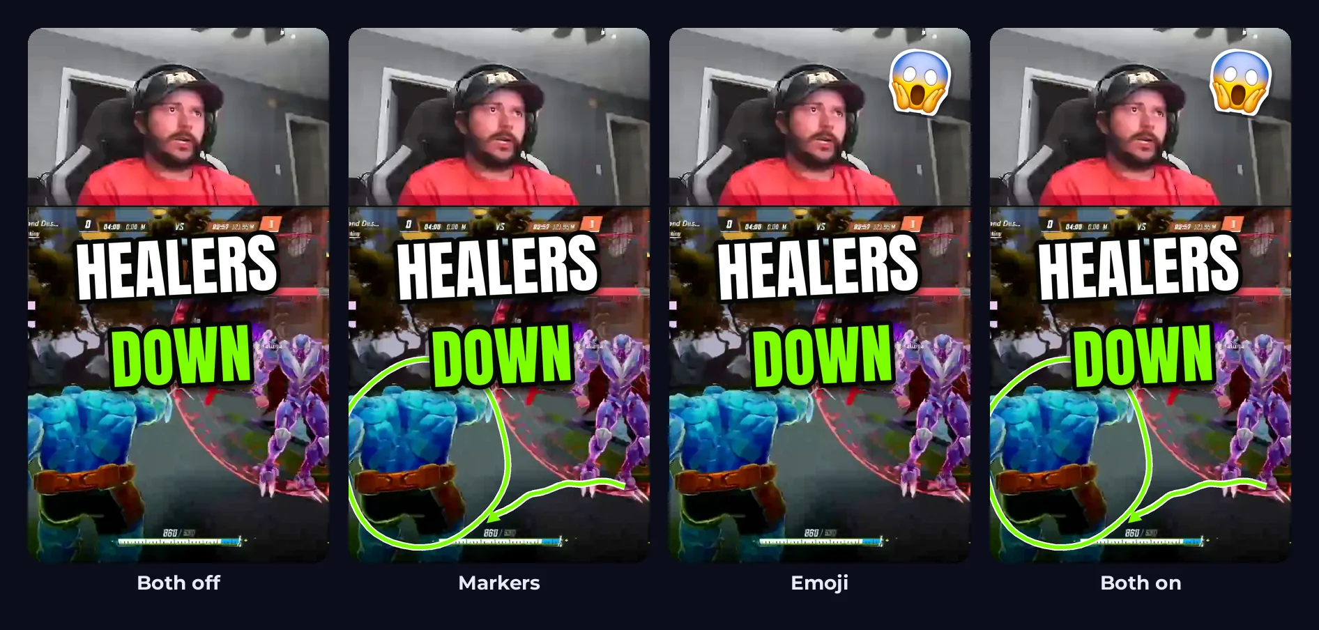 asapxsavagex’s Marvel Rivals Short Healers Down in the impact style four ways: with markers and emoji both off, with just a green hand-drawn circle and arrow on his character, with just a shocked emoji, and with both