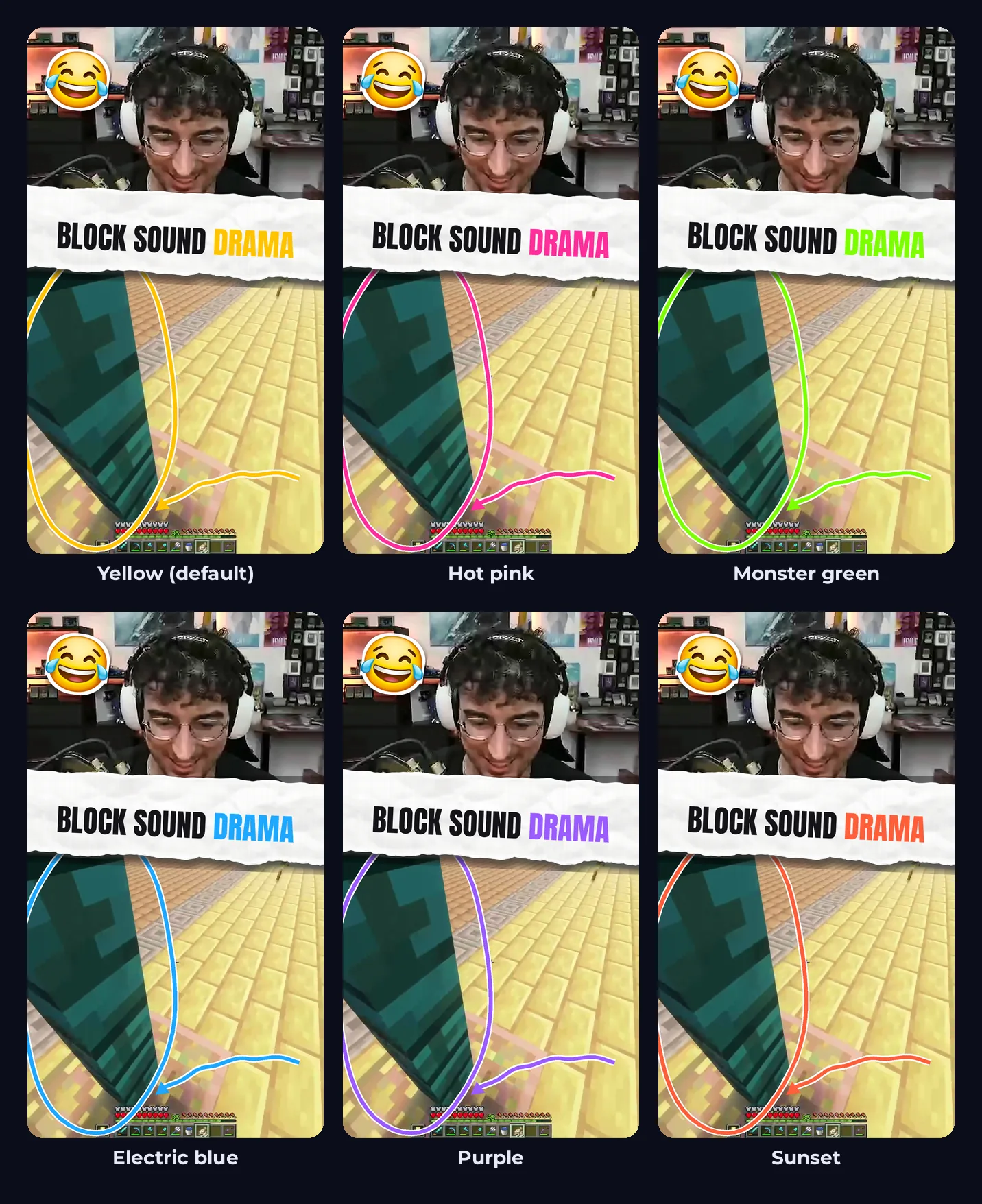 Six versions of rvnxmango’s Minecraft Short Block Sound Drama in the torn paper style, in yellow, hot pink, monster green, electric blue, purple and sunset: the hook is inked on a torn paper strip across the webcam and gameplay split, with the key word and the hand-drawn marker in the theme colour