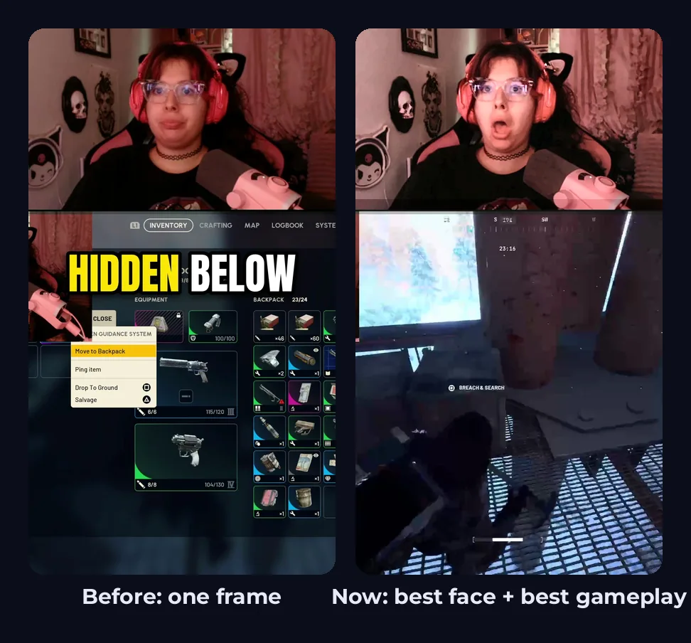 Before and after for the Hidden Below Short: on the left the old thumbnail built from a single frame; on the right the new pick with omgmystic_ open-mouthed in shock on the webcam above, and clearer gameplay of her character crouched by the hatch below