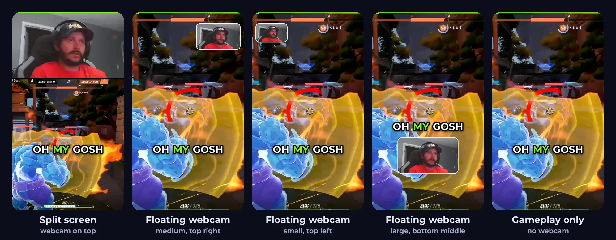 The same moment from asapxsavagex’s Marvel Rivals Short in five layouts: split screen with his webcam on top; a medium floating webcam in the top right corner over full-screen gameplay; a small floating webcam top left; a large floating webcam at the bottom middle with the captions moved up above it; and gameplay only with no webcam