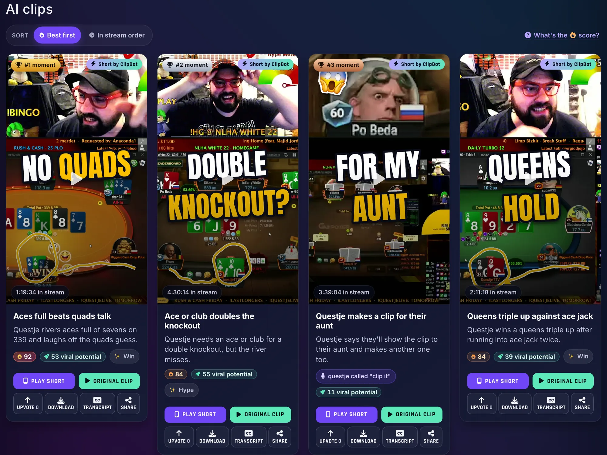 The AI clips section of questje’s poker broadcast sorted Best first: four Shorts on top marked #1, #2 and #3 moment, with fire scores of 92, 84 and 84, viral potential pills of 53, 55, 11 and 39, a questje called clip it badge on the #3 moment, and Upvote, Download, Transcript and Share buttons under each card