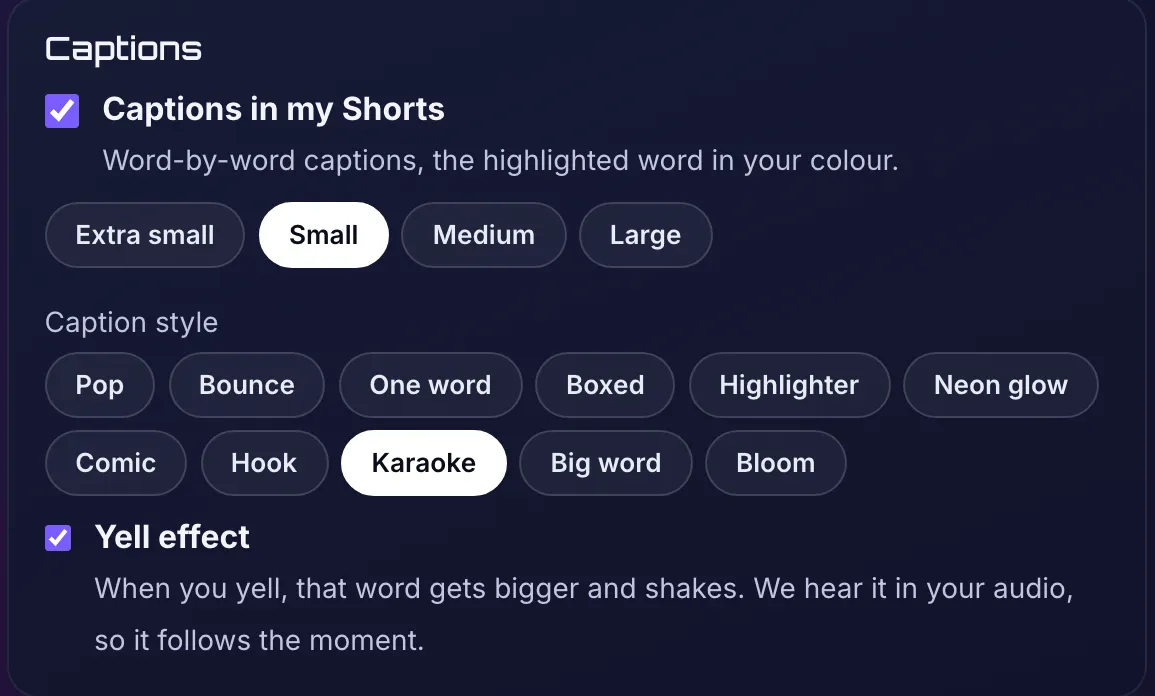 The Captions section of the Shorts branding page: a captions on switch, sizes Extra small, Small, Medium and Large, eleven caption style buttons from Pop to Bloom with Karaoke selected, and a Yell effect switch