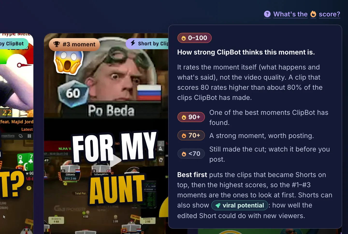 The What’s the fire score? popover on a ClipBot broadcast page: a 0–100 pill, How strong ClipBot thinks this moment is, an explanation that it rates the moment and not the video quality, the 90+, 70+ and under 70 tiers, and a note that Best first puts the clips that became Shorts on top and that Shorts can also show viral potential