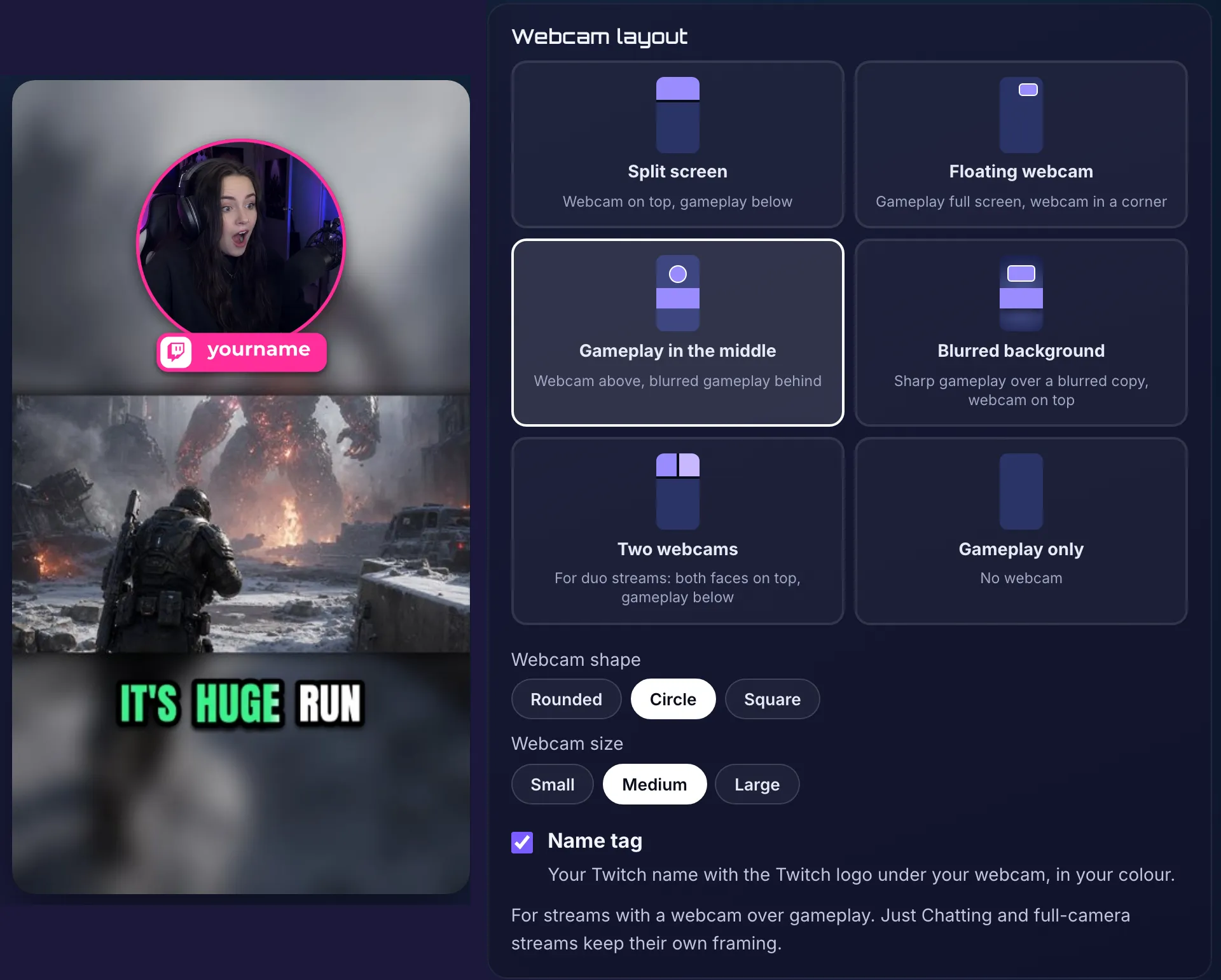 The Shorts branding page with Gameplay in the middle selected: on the left a preview with a circular webcam in a hot pink ring above a pink yourname Twitch name tag, gameplay in a band below and the caption It’s huge run; on the right the six webcam layouts, webcam shape buttons Rounded, Circle and Square, webcam sizes and the Name tag switch