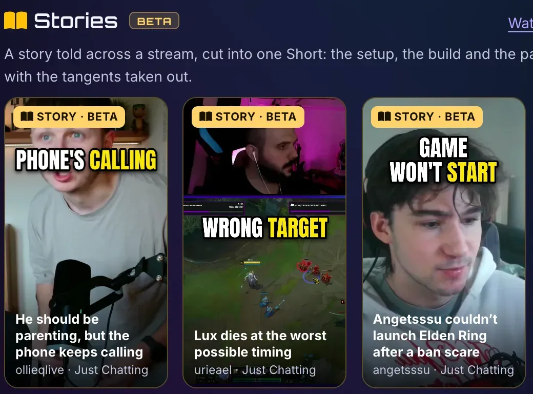 The Stories row on ClipBot Discover: a Stories Beta heading, a line explaining that a story told across a stream is cut into one Short, and vertical Story cards, each with a gold Story · Beta tag, a big hook like Wrong target or Game won’t start, the title and the streamer’s name