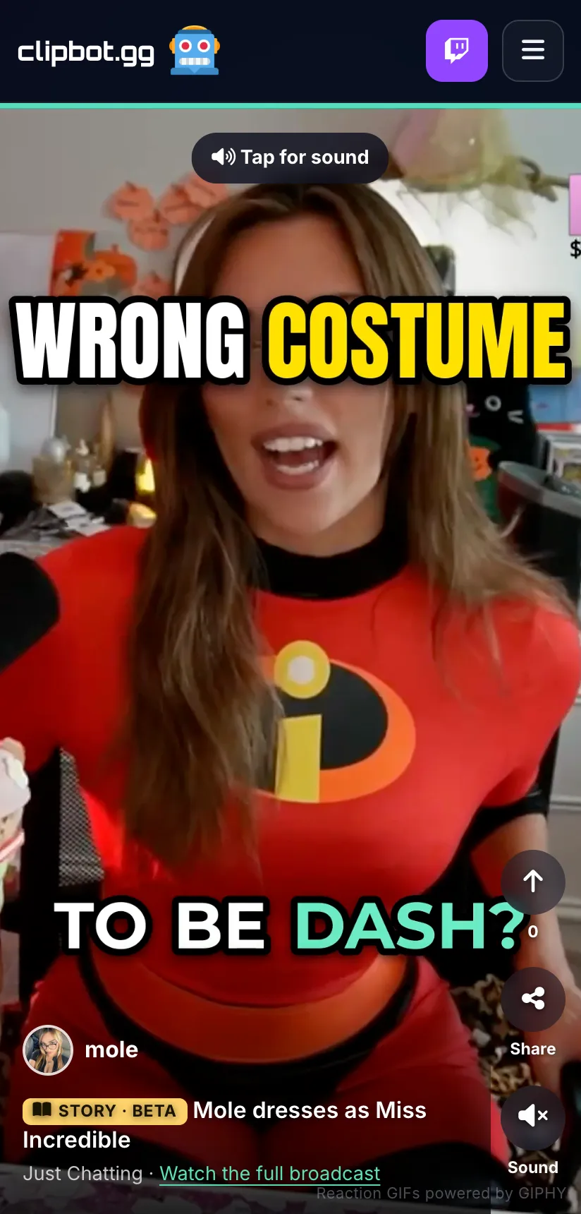 The Stories feed on a phone: a full-screen vertical Story of mole in a red Incredibles costume, the hook Wrong costume across the top, the caption To be Dash?, and a gold Story · Beta chip next to the title Mole dresses as Miss Incredible, with upvote, share and sound buttons