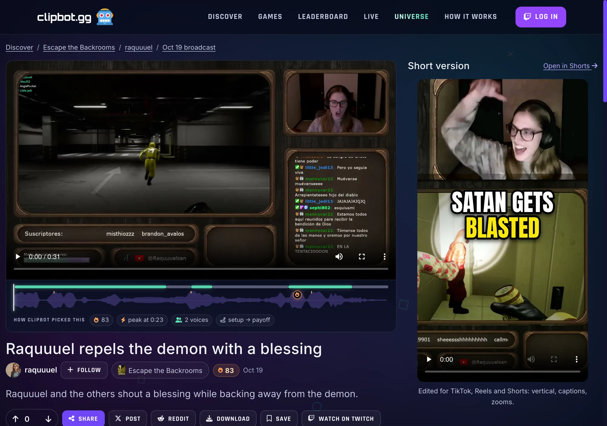 The ClipBot page for Raquuuel repels the demon with a blessing, an Escape the Backrooms clip from raquuuel’s October 19 broadcast: the clip player with its moment timeline, a fire score of 83, setup to payoff, and on the right the Short version with the caption SATAN GETS BLASTED