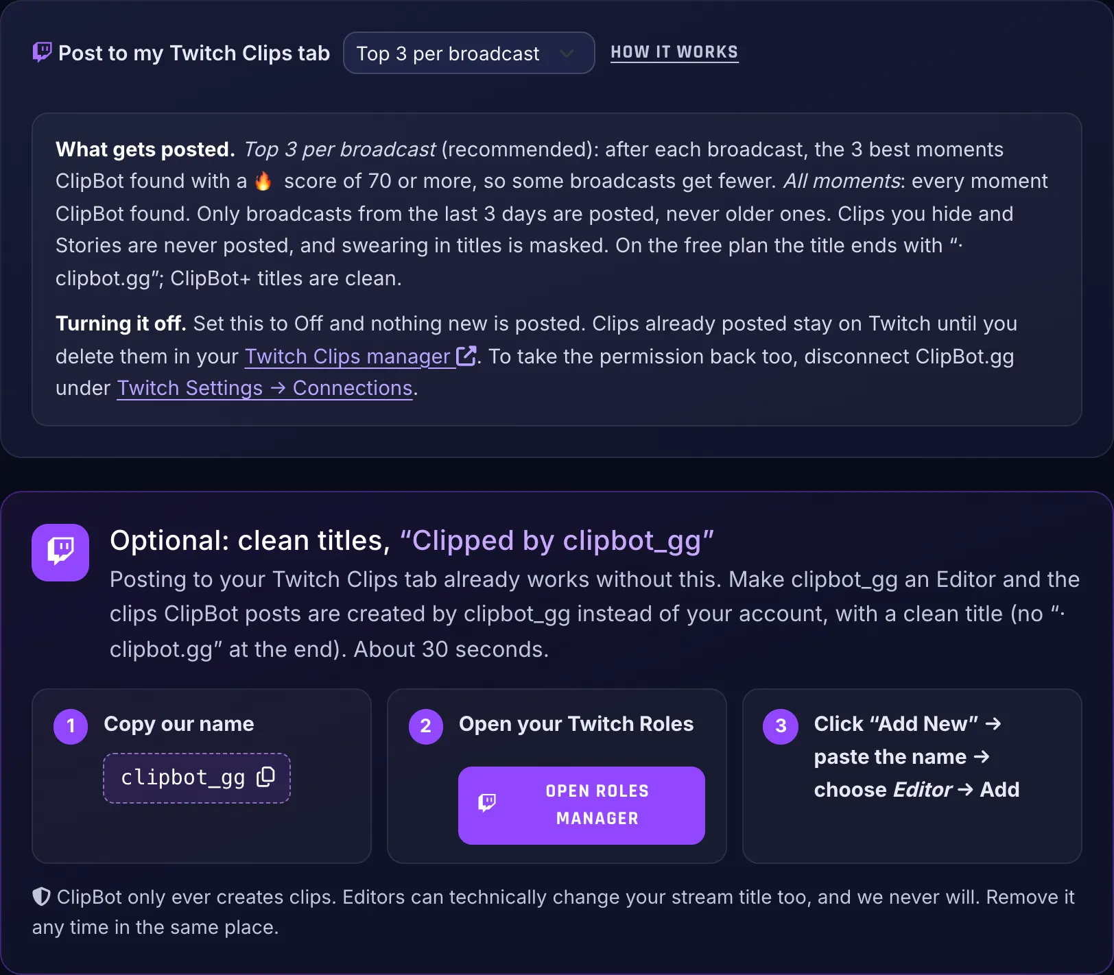 The ClipBot dashboard setting Post to my Twitch Clips tab set to Top 3 per broadcast, with How it works open, and below it the optional card Clean titles, Clipped by clipbot_gg, with three steps: copy our name, open your Twitch Roles, add it as an Editor