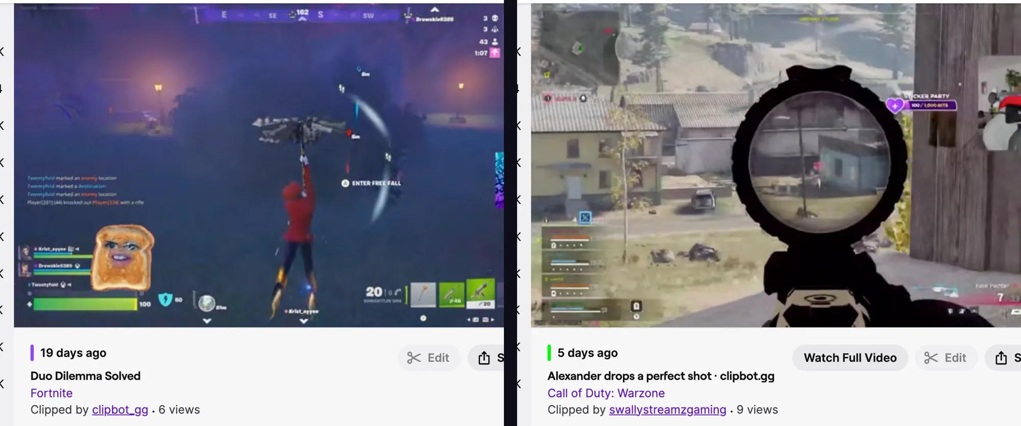 Two real Twitch clip pages side by side. Left: Duo Dilemma Solved, Fortnite, Clipped by clipbot_gg. Right: Alexander drops a perfect shot · clipbot.gg, Call of Duty: Warzone, Clipped by swallystreamzgaming