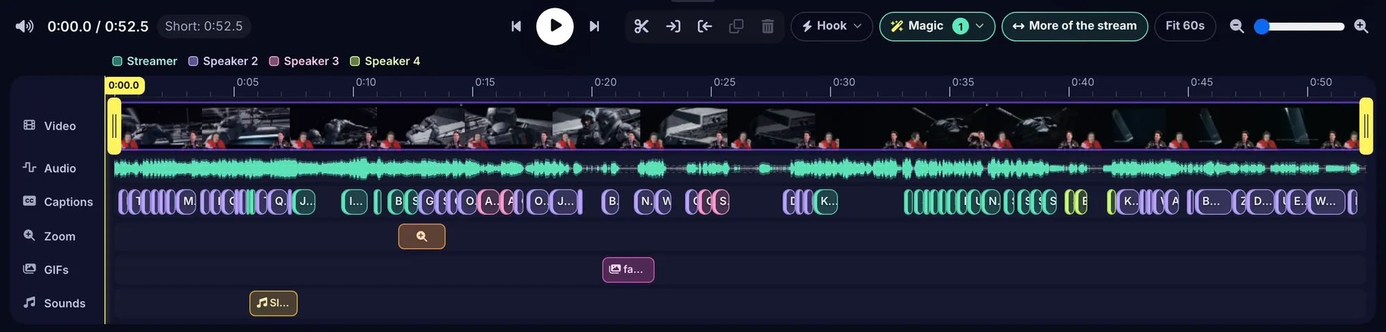 The editor timeline of pixelpals030’s Auto Short Barely Escaped, opened as layers: a zoom punch-in at 0:11.9 on the Zoom track, a facepalm GIF from 0:20.4 to 0:22.6 on the GIFs track, a slide whistle at 0:05.7 on the Sounds track, the Hook and Magic buttons showing the hook title is on, and caption bars coloured by four speakers