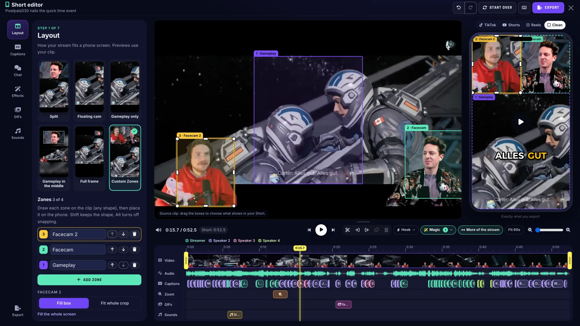 The rebuilt ClipBot Shorts editor at 1080p with the Custom Zones layout on pixelpals030’s broadcast: three zones drawn on the stream (Gameplay in the middle, Facecam around the person on the right, Facecam 2 around the person on the left), and on the phone preview both facecams side by side on top with the gameplay below and the caption ALLES GUT; a step rail on the left and a timeline underneath with Video, Audio, Captions, Zoom, GIFs and Sounds tracks, the captions coloured by four speakers
