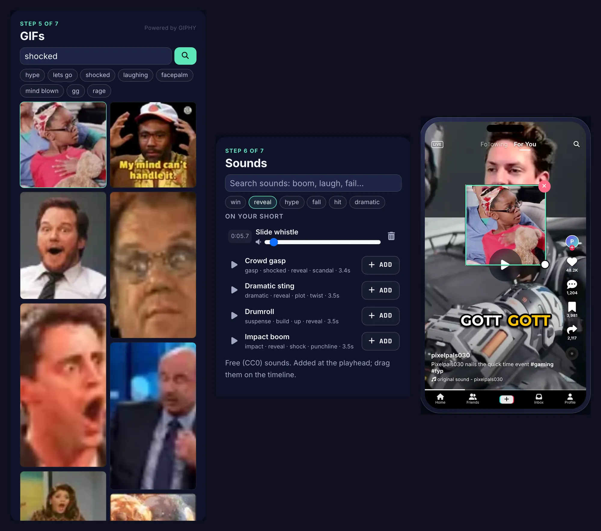 Three panels: the GIFs step with a search for shocked, idea chips and a grid of reaction GIFs; the Sounds step with tag chips, the slide whistle already on the Short with a volume slider, and sounds like Crowd gasp, Dramatic sting, Drumroll and Impact boom to add; and the phone with the chosen GIF placed over the gameplay