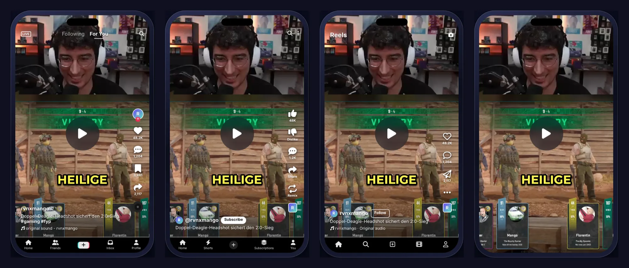 The same Short four times on the editor’s phone preview: with TikTok’s buttons and caption drawn over it, with YouTube Shorts’ buttons and Subscribe, with Instagram Reels’ buttons and Follow, and Clean with nothing over it