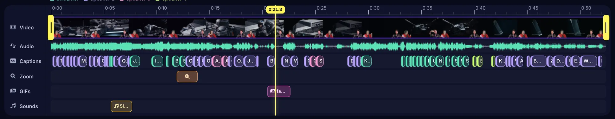 The editor timeline with a legend reading Streamer, Speaker 2, Speaker 3 and Speaker 4, and the caption bars below tinted mint, purple, pink and green by who is speaking