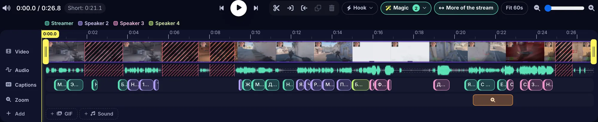 The timeline of vitosiklive’s Counter-Strike clip: the Audio track shows the waveform, and four pauses are cut out as red hatched gaps across the Video and Audio tracks, so the Short is 0:21.1 long from a 0:26.8 clip