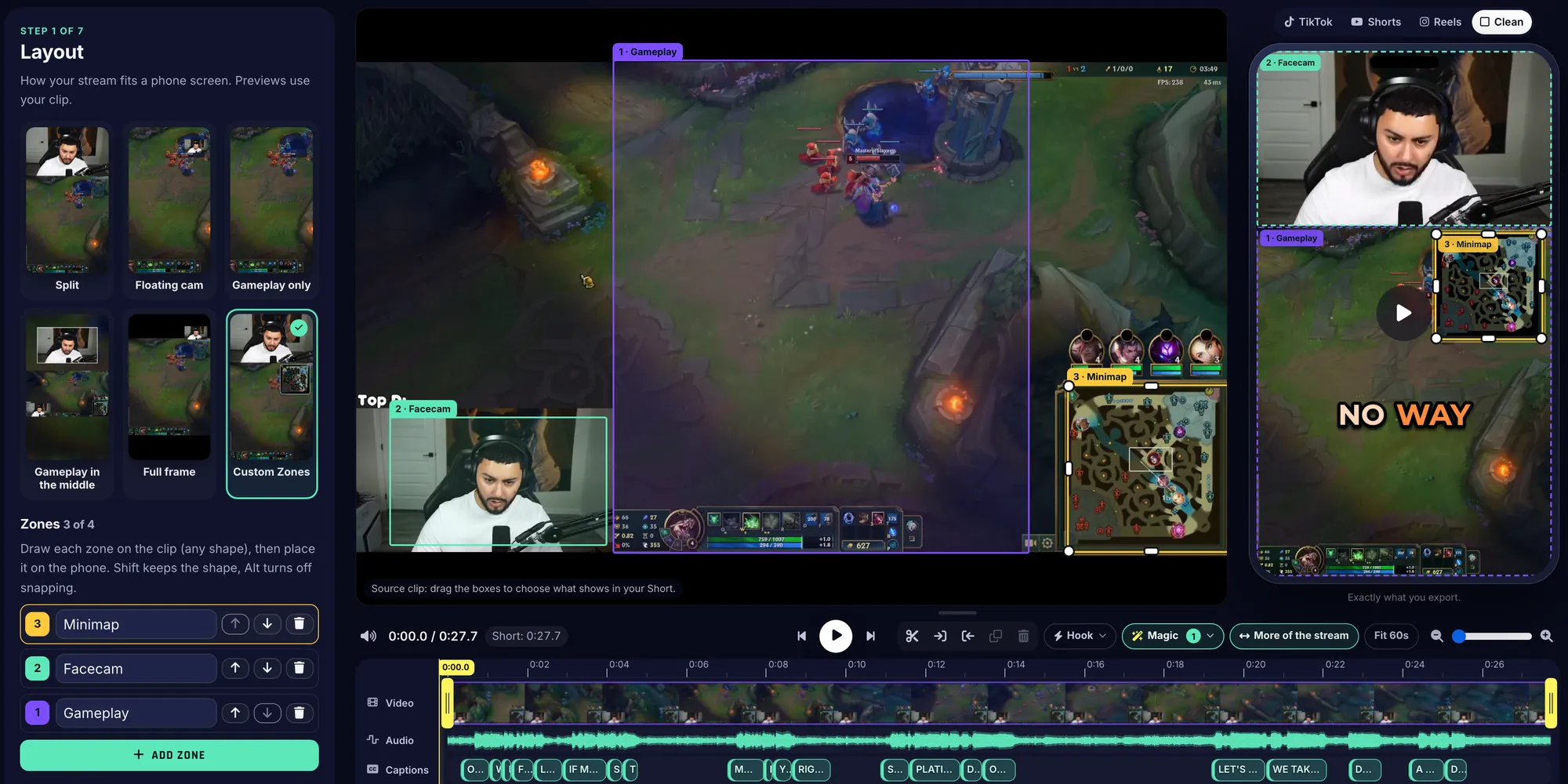 The Custom Zones layout on socruel’s League of Legends stream with three zones: 1 Gameplay drawn over the middle of the stream, 2 Facecam drawn around the webcam in the bottom left, and 3 Minimap drawn around the minimap in the bottom right. On the phone the facecam fills the top, the gameplay fills the rest and the minimap sits in a bordered square in the top right corner of the gameplay