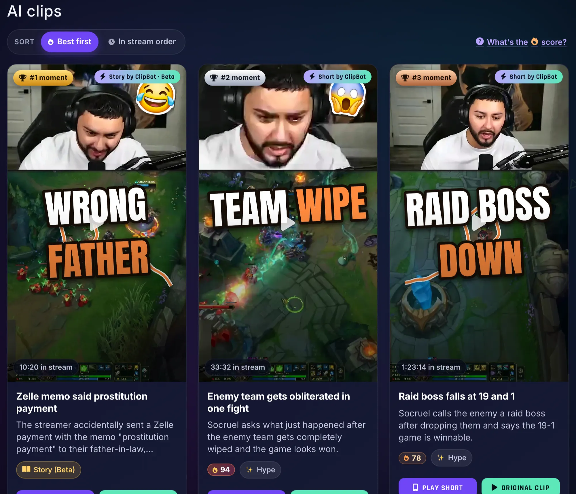 A public ClipBot broadcast page for a socruel League of Legends stream. The first card is marked #1 moment and Story by ClipBot · Beta, with the hook Wrong father over gameplay, the title Zelle memo said prostitution payment and a Story (Beta) badge. Next to it are two regular Short by ClipBot cards, Team wipe and Raid boss down