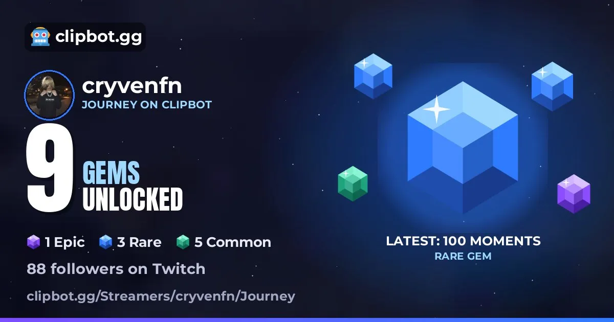 Share card for cryvenfn: 9 gems unlocked, 1 Epic, 3 Rare, 5 Common, 88 followers on Twitch, and a large blue gem labelled Latest: 100 moments, Rare gem