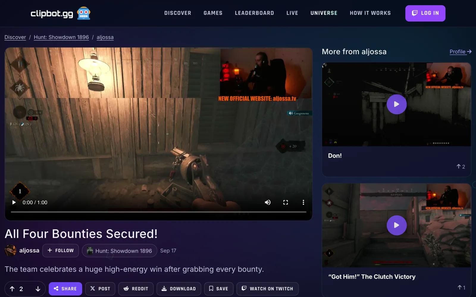 The ClipBot clip page for “All Four Bounties Secured!” by aljossa in Hunt: Showdown 1896