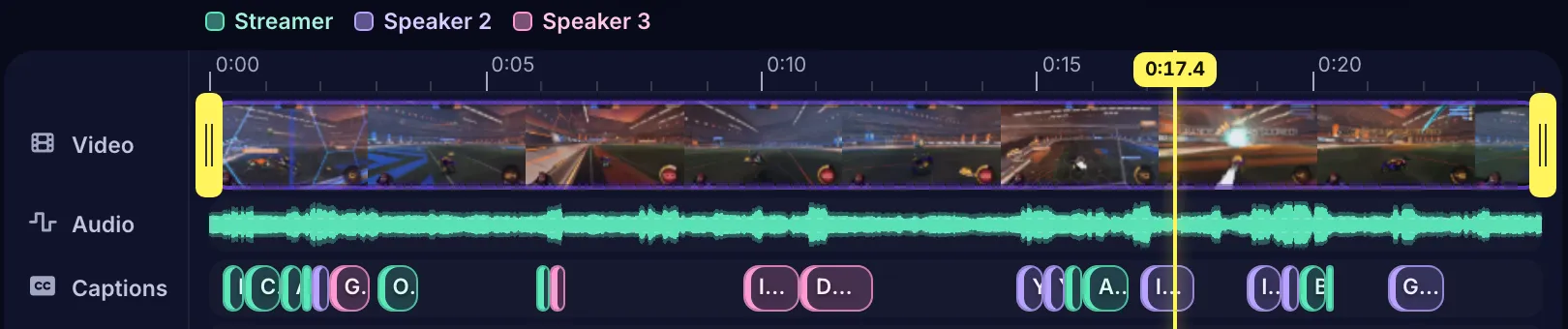 The Shorts editor timeline: a legend for Streamer, Speaker 2 and Speaker 3 above video, audio and caption tracks, with each caption bar coloured mint, purple or pink by its speaker