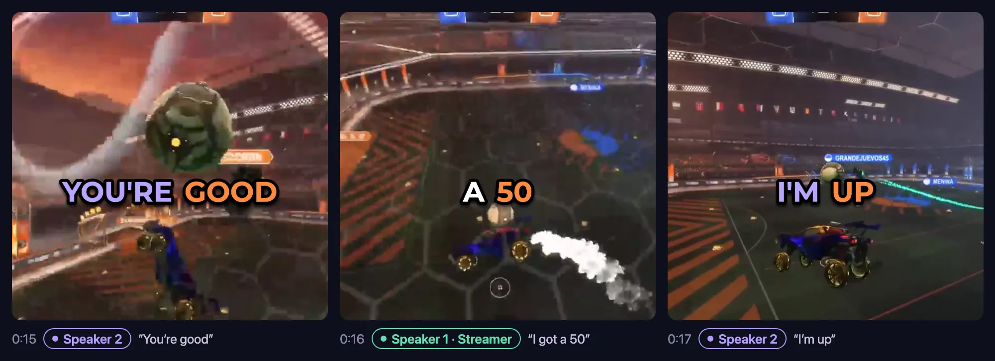 Three frames from a vertical Short with Colour by speaker on: at 0:15 Speaker 2’s caption YOU’RE GOOD in purple, at 0:16 the streamer’s caption A 50 in white, at 0:17 Speaker 2’s caption I’M UP in purple